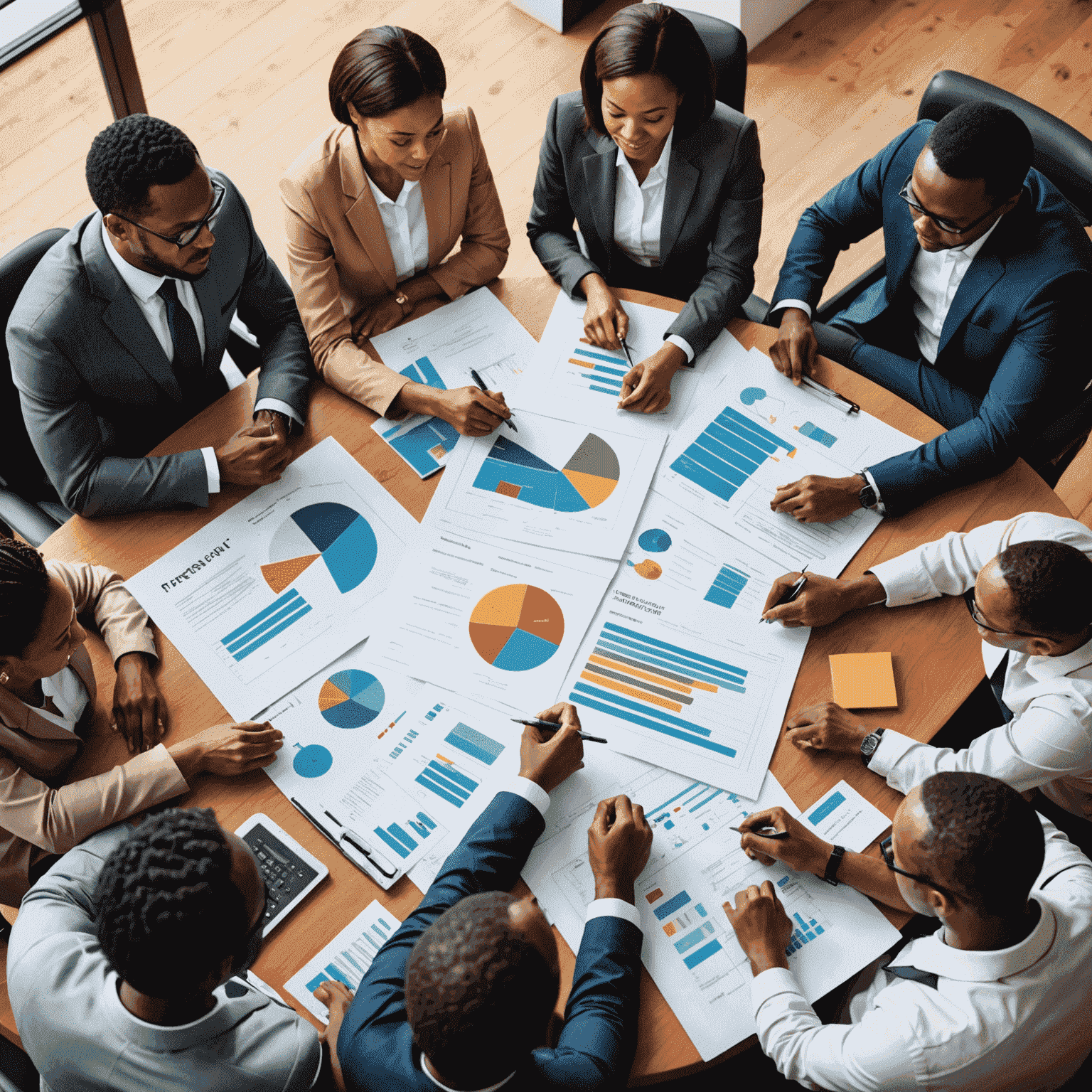 Illustration depicting financial planning and investing, with a diverse group of South African professionals collaborating around a table filled with charts, graphs, and financial documents.