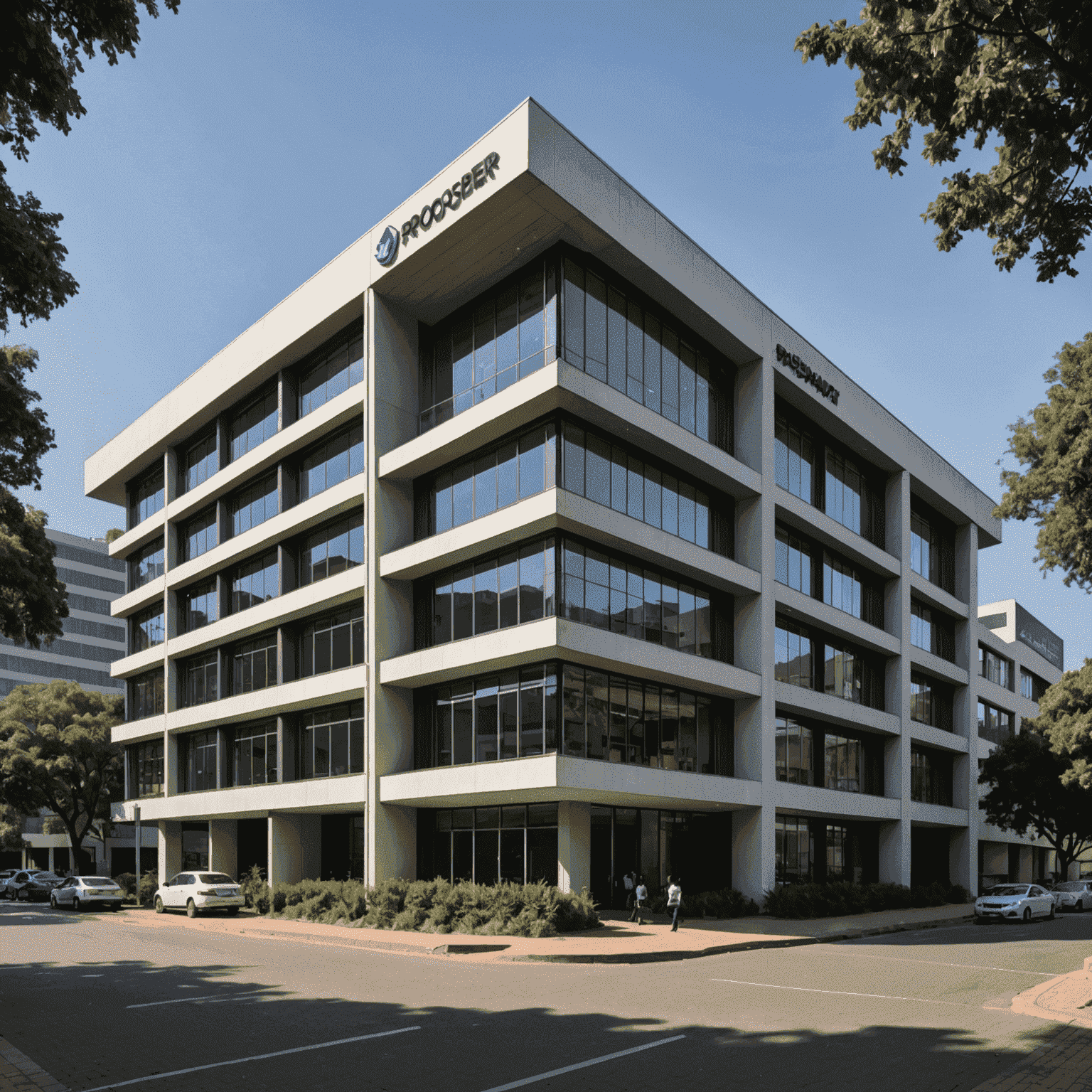 Exterior view of the new Proudly Prosper office in Johannesburg, a modern building with the company logo prominently displayed