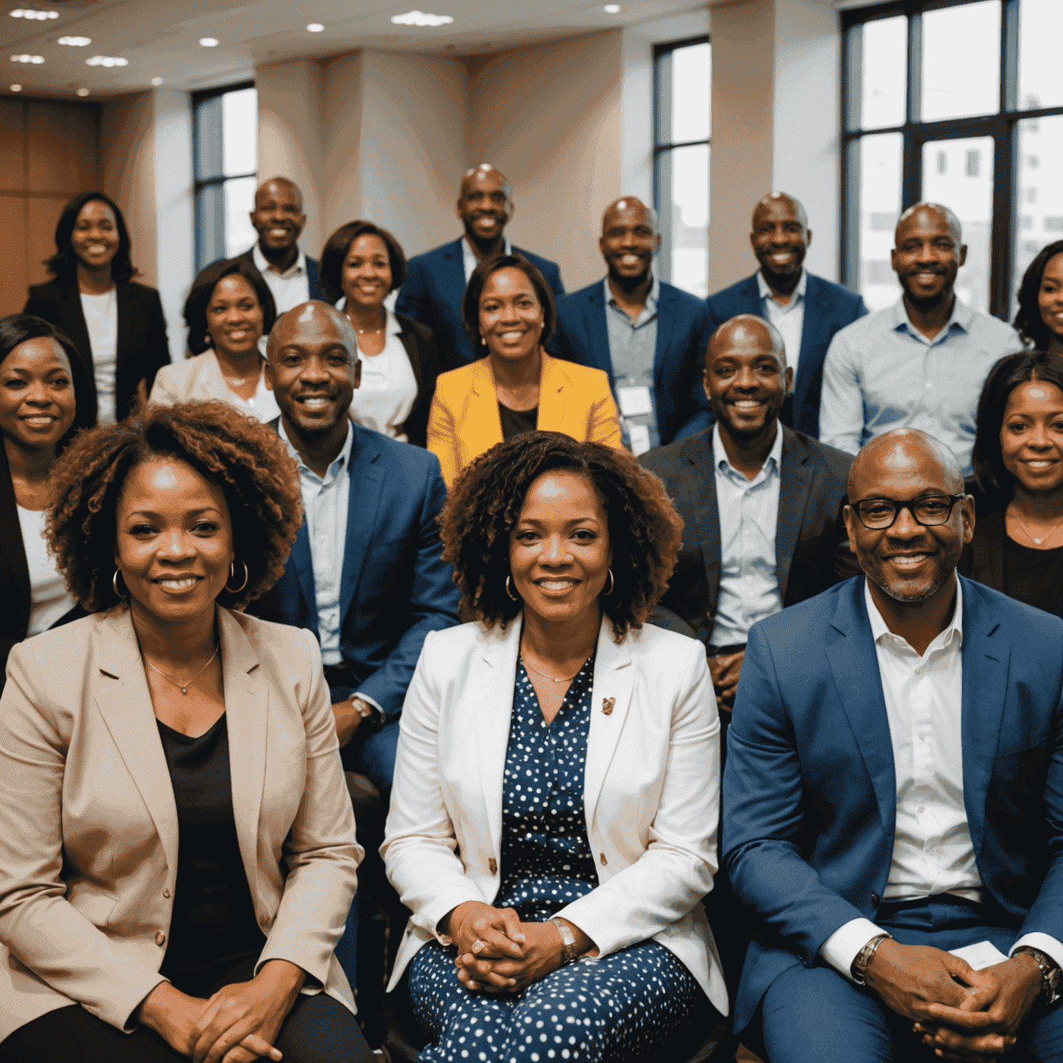 A diverse group of South African business leaders and entrepreneurs attending a seminar hosted by Proudly Prosper, with speakers presenting effective leadership strategies and financial planning advice.