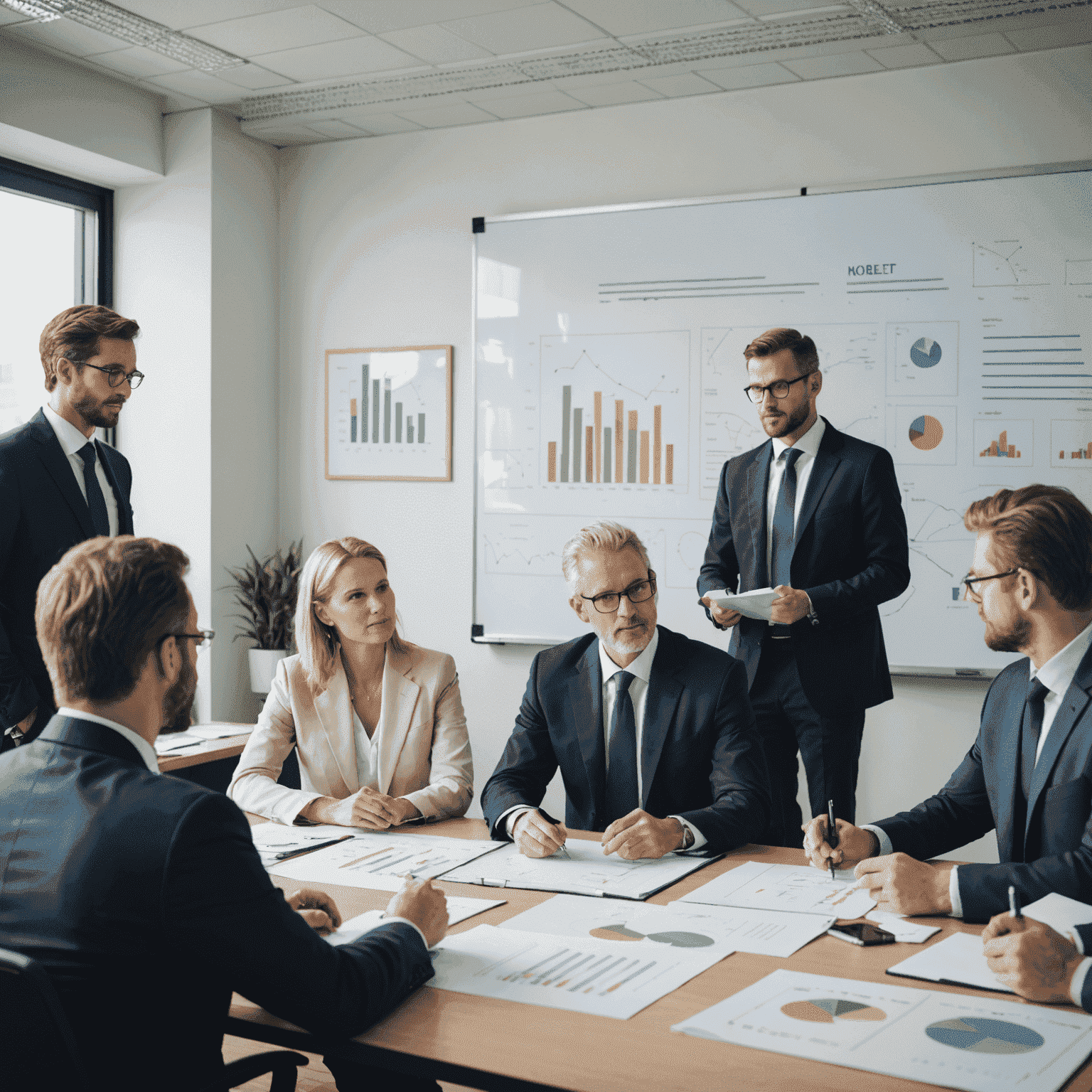 A team of consultants discussing business strategy around a conference table, with charts and graphs on a whiteboard in the background.