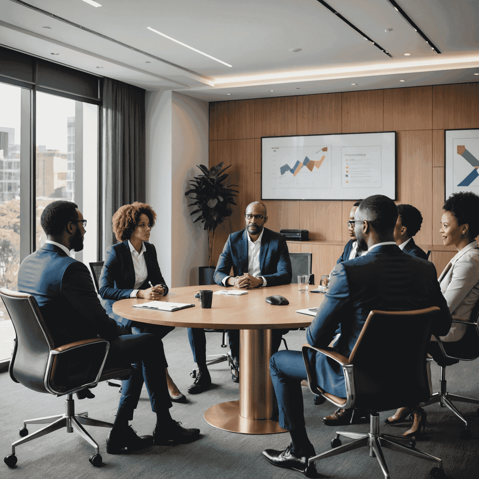 A group of diverse South African business professionals discussing strategy in a modern conference room