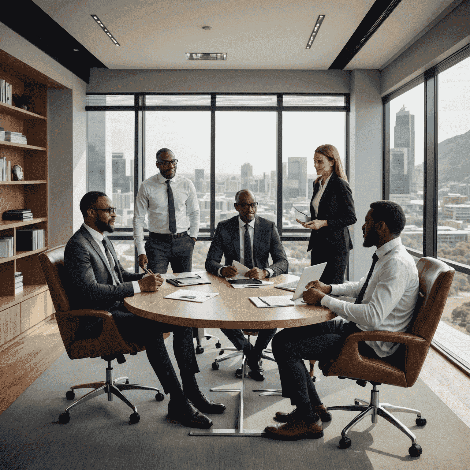 Financial advisors consulting with clients in a modern South African office setting