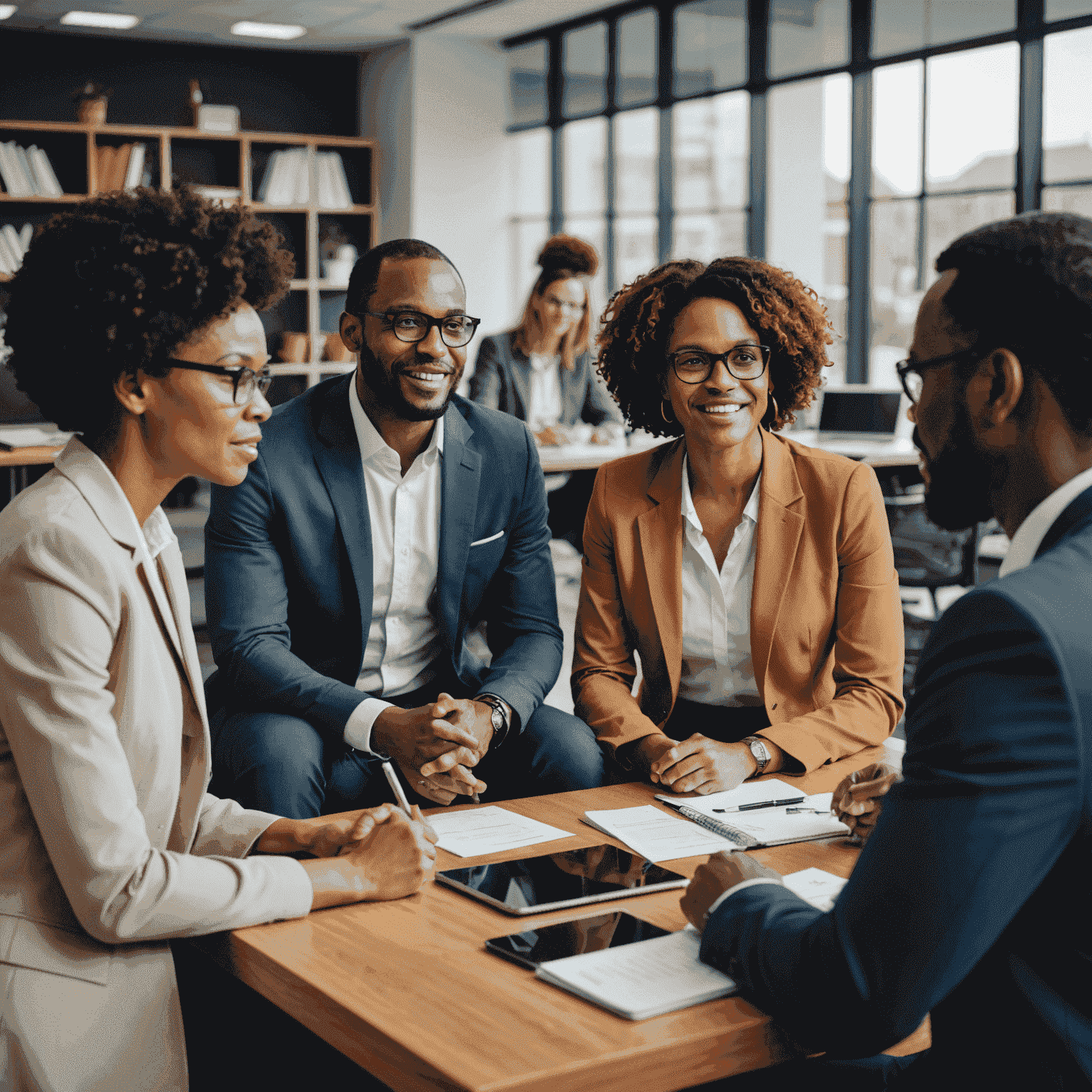 A diverse group of professionals discussing HR strategies in a modern South African office setting