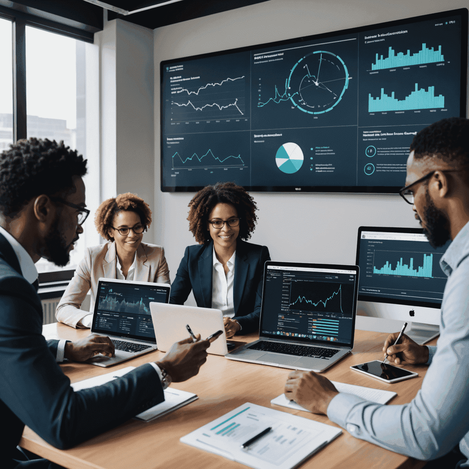 A team of consultants working together on a digital transformation project for a South African company, using laptops, tablets, and large screens to analyze data and develop innovative solutions.