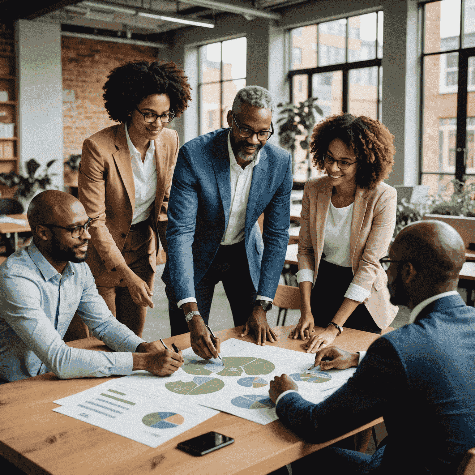 Diverse team of consultants collaborating on a sustainability project