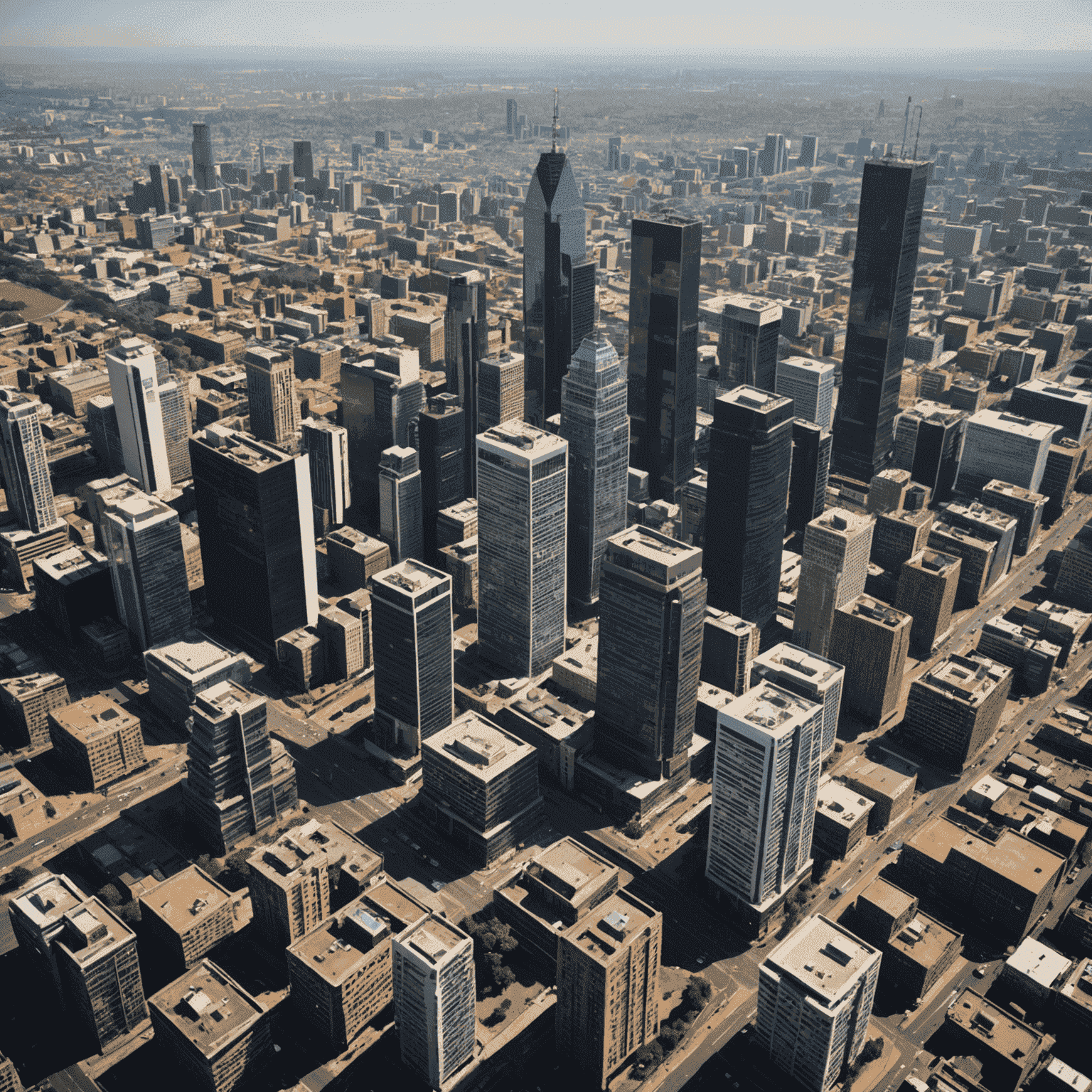 Aerial view of Johannesburg skyline, showcasing modern skyscrapers and urban development