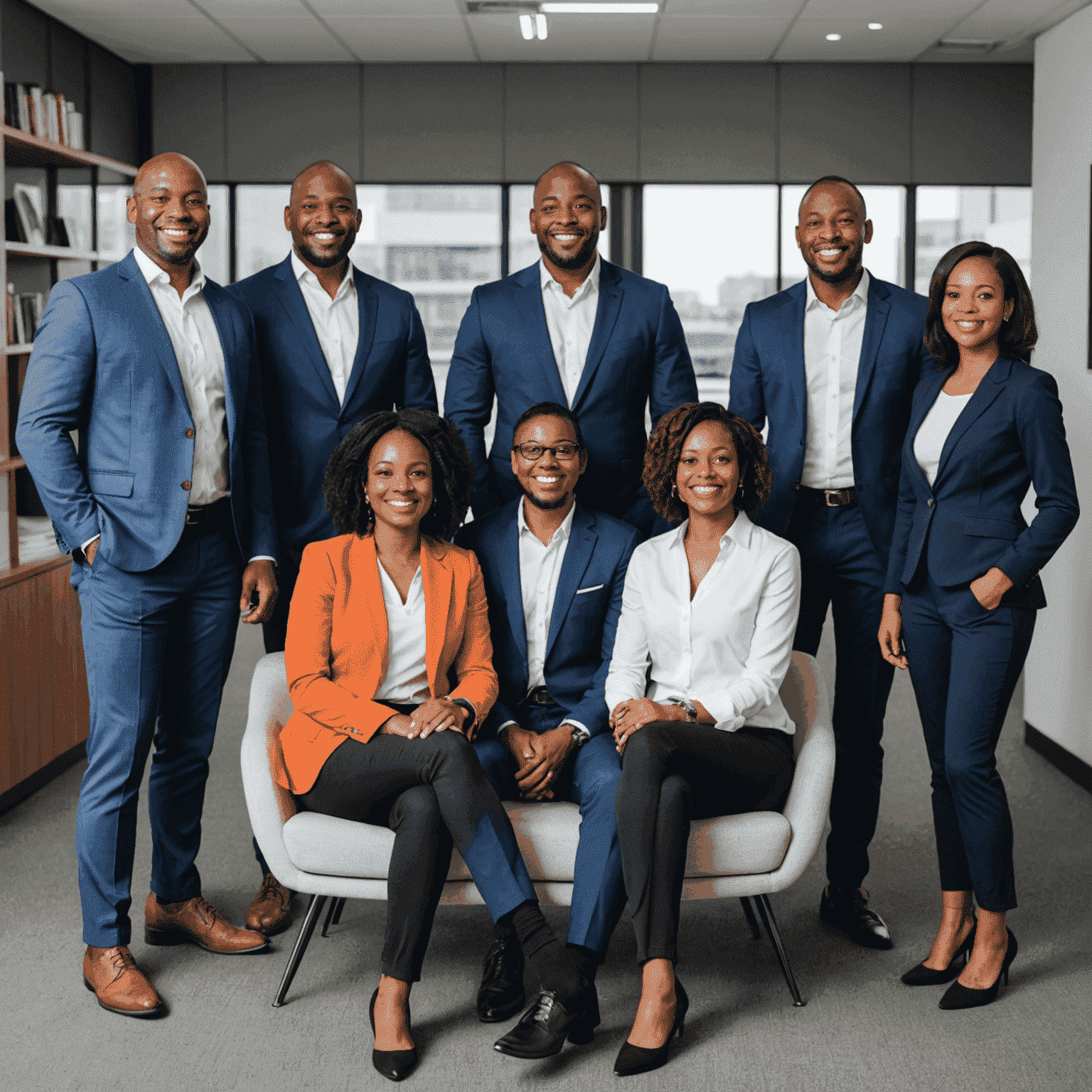 Group photo of the Proudly Prosper consulting team, dressed professionally and smiling, in the new Johannesburg office