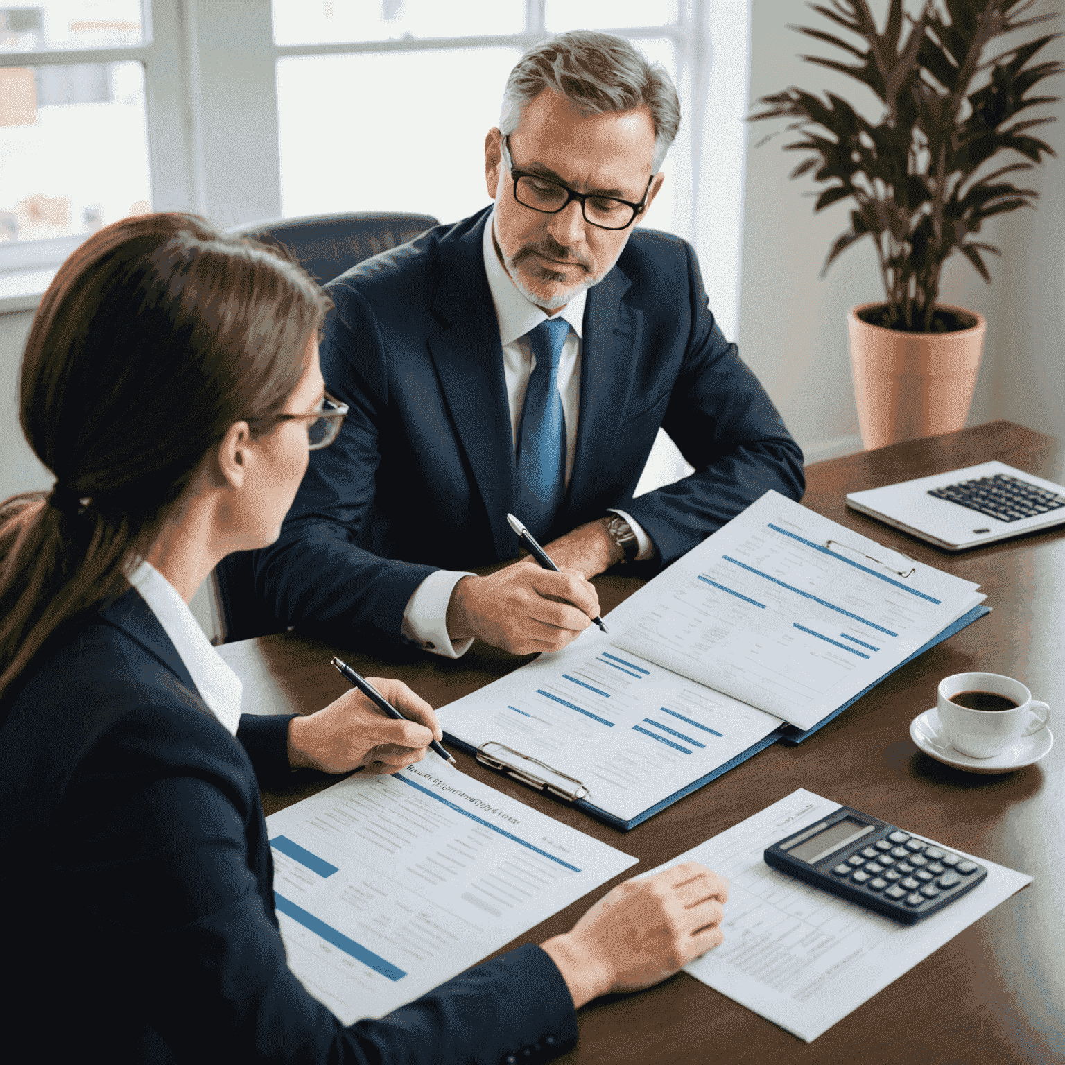 A financial advisor meeting with a client, discussing investment options and financial planning strategies, with documents and a calculator on the table.