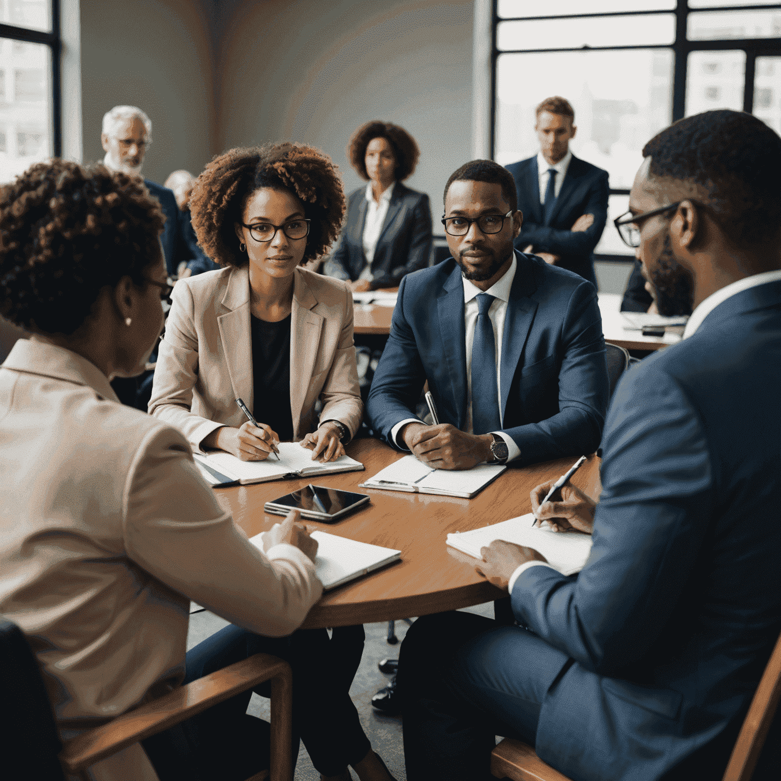 A diverse group of business professionals attending a leadership seminar, engaged in discussion and taking notes