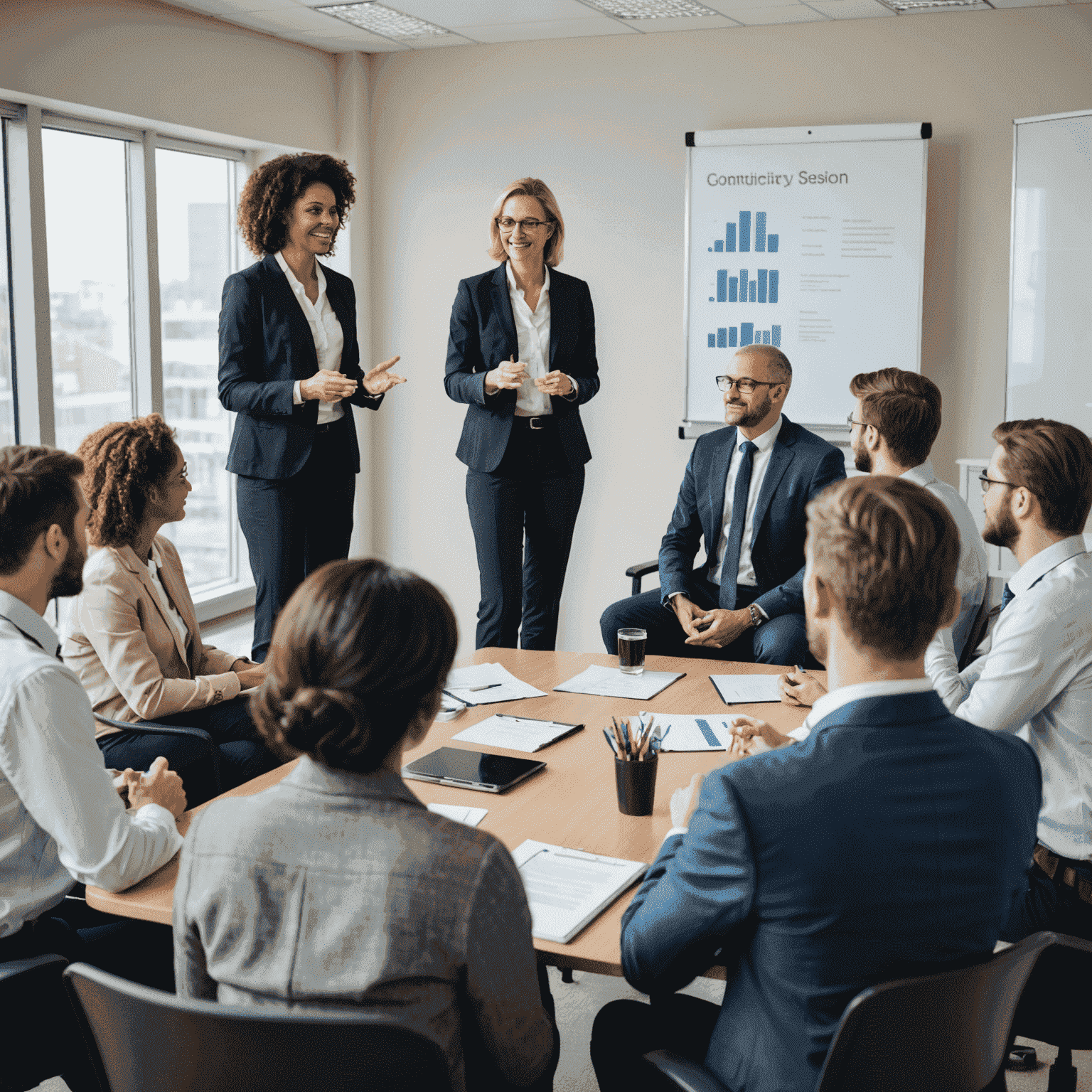 An HR consultant conducting a training session for employees, with a diverse group of participants engaged in a discussion.