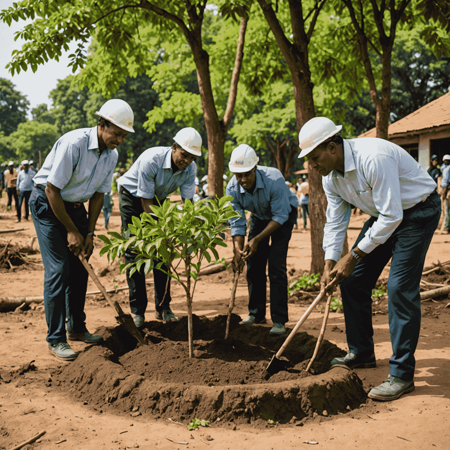 Consultants working with a local community on a sustainability project, planting trees and discussing environmental initiatives.